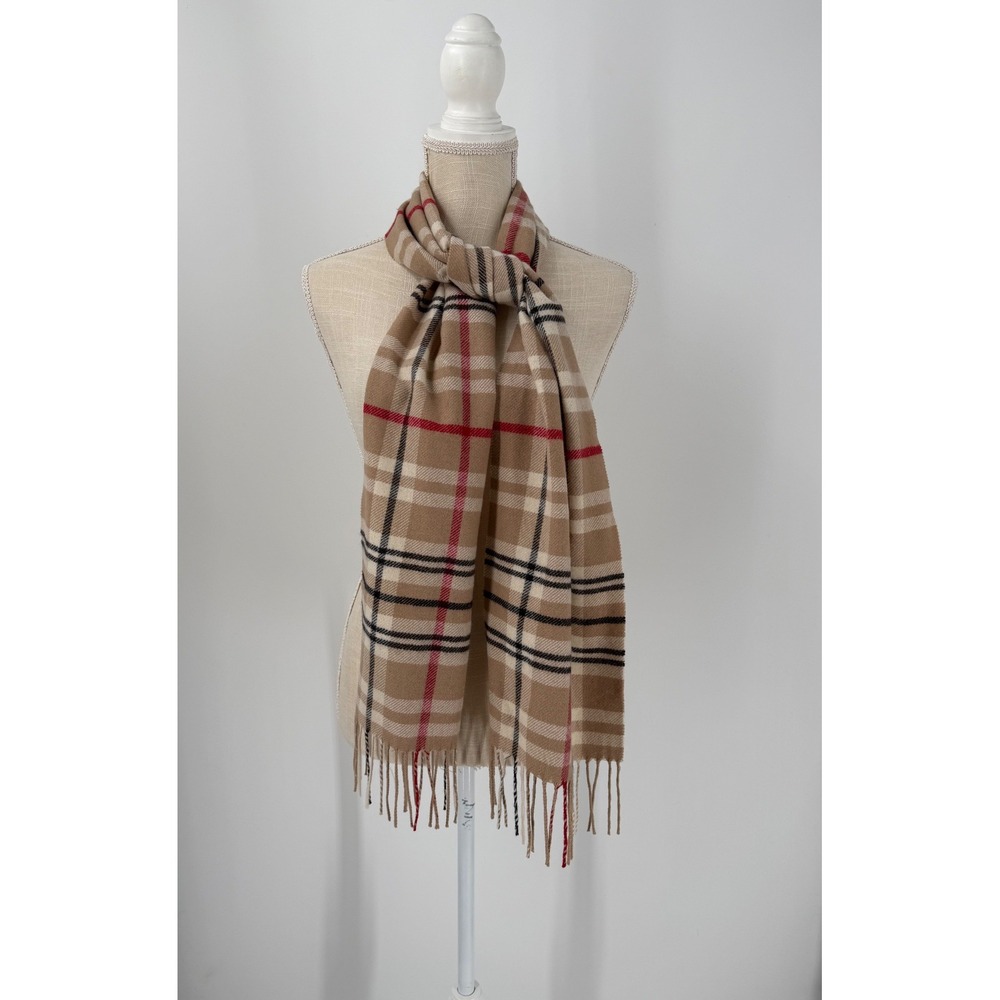 Peck & Peck 100% Cashmere Scarf Tan Plaid Check Fringe Trim Luxury Winter Wrap